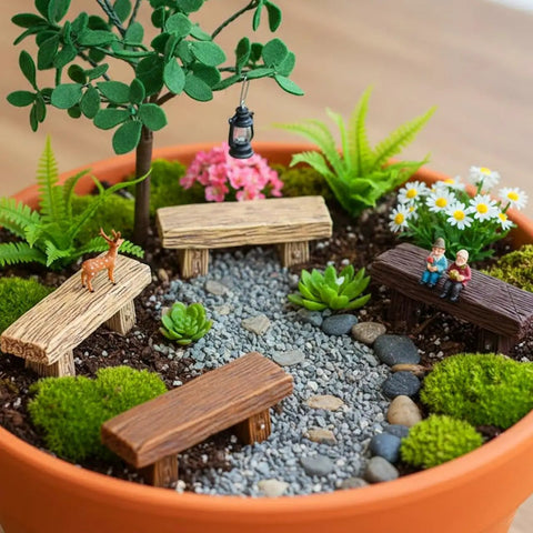 Miniature Bench Set Resin Faux Wood Six Piece for Crafts Micro Landscape Dollhouse and Fairy Garden Accessories 2.20 Inch