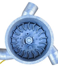 Top view of One Kilowatt Micro Hydroelectric Generator 220V Aluminum Alloy Water Turbine With Three PVC Connectors.