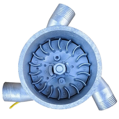 Top view of One Kilowatt Micro Hydroelectric Generator 220V Aluminum Alloy Water Turbine With Three PVC Connectors.