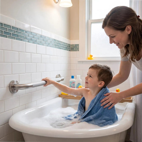Image of a child using a Super Sturdy 24 Inch Stainless Steel Shower Grab Bar in a bathtub for safe support.