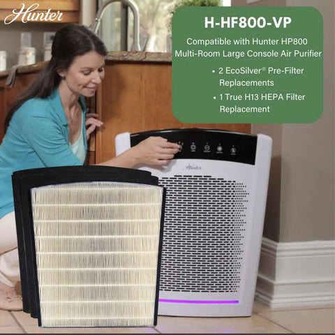 Person adjusting HP800 Series Replacement Air Purifier Filter Value Pack With No-Fuss Coconut Carbon Pre Filter Odor Neutralizer