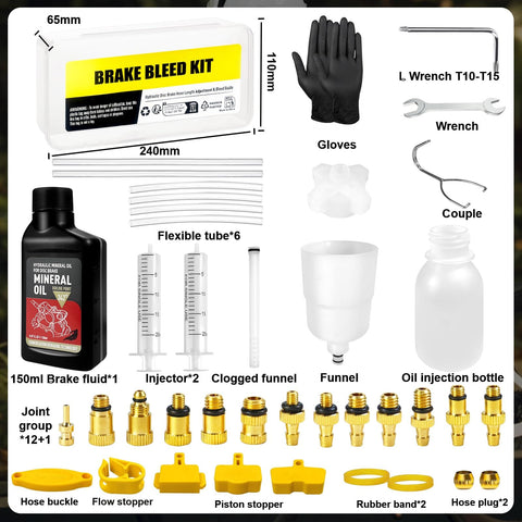 All-In-One Bike Brake Bleed Kit For Shimano, TRP, And TEKTRO Hydraulic Disc Brakes With 13-Piece Brass Connectors, 150 Milliliter Mineral Oil Fluid, Easy No-Fuss Setup For Quick, Clean Bleeds And Precise Braking Every Ride
