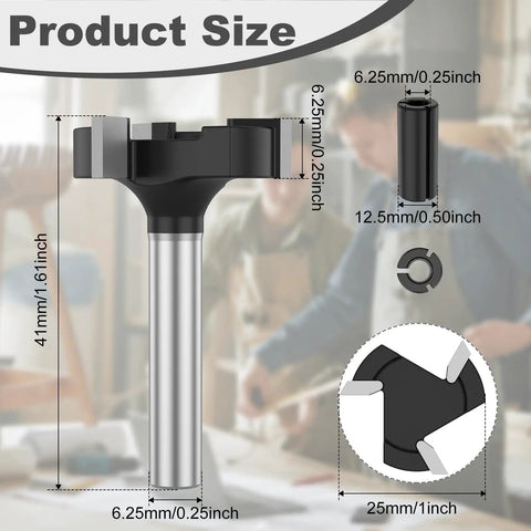Beefy Spoilboard Surfacing Router Bit Pro Grade 3 Wing Carbide Insert Planing Bit With Quarter Inch Shank And One Inch Cutting Diameter for Wood and MDF with size dimensions detailed