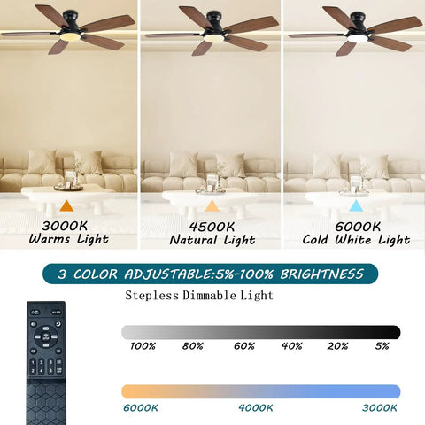 Total Room Glow Up 52 Inch Low Profile Ceiling Fan With Smart Ambient Lighting, remote shows color temperature examples.