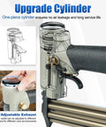 Heavy Duty Pneumatic Brad Nailer With Eighteen Gauge Nails From Three Eighths To One And A Quarter Inch Continuous Firing Includes Five Thousand Nails Air Powered Finish Nail Gun For Windows Doors And Cabinets showing upgrade cylinder and adjustable exhaust.