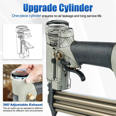 Heavy Duty Pneumatic Brad Nailer With Eighteen Gauge Nails From Three Eighths To One And A Quarter Inch Continuous Firing Includes Five Thousand Nails Air Powered Finish Nail Gun For Windows Doors And Cabinets showing upgrade cylinder and adjustable exhaust.