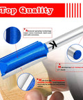 Top Shelf 7 Piece Straight Cut Router Bit Set 1/4 Inch Shank showcasing blue carbide router bit on wood for precise cutting.