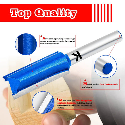 Top Shelf 7 Piece Straight Cut Router Bit Set 1/4 Inch Shank showcasing blue carbide router bit on wood for precise cutting.