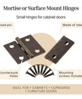 Antique Brass Butt Hinges For Cabinet Doors And Wooden Boxes 1.5 Inch Square Pack Of Two with fixed pin and steel construction.