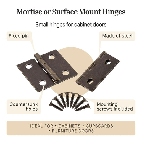 Antique Brass Butt Hinges For Cabinet Doors And Wooden Boxes 1.5 Inch Square Pack Of Two with fixed pin and steel construction.