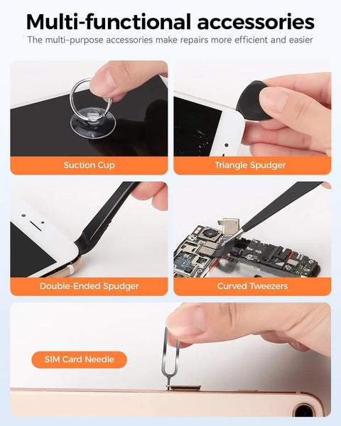 Multi-functional accessories for electronics repair: suction cup, triangle spudger, double-ended spudger, curved tweezers, SIM card needle.
