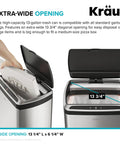 GarbagePro 13 Gallon Rectangular Trash Can With Hands Free Motion Sensor Battery Powered Matte Black Finish SoftShut Touchless Lid with wide opening showing pizza box inside.