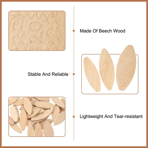 100 Pcs Wood Joiner Biscuits Beech Wood Dowels Set in three sizes showing material and features.