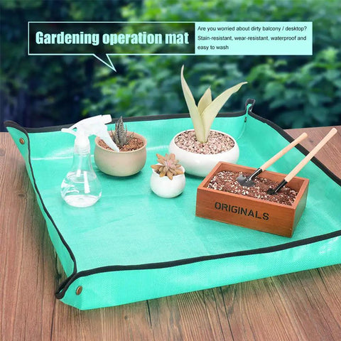 2Pack Plant Repotting Square Mats Foldable 39.3 Inch Garden Transplanting Work Cloth showing green mat with bonsai and tools