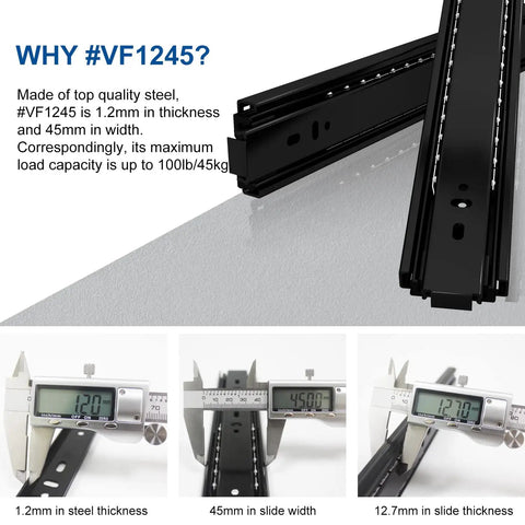 Push To Open 24 Inch Drawer Slide, 3-Fold Full Extension, Heavy Duty 100lb Load Capacity For Handleless Cabinets And Drawers, Ball Bearing Side Mount, Black Finish, 5 Pair Pack with measurements shown.