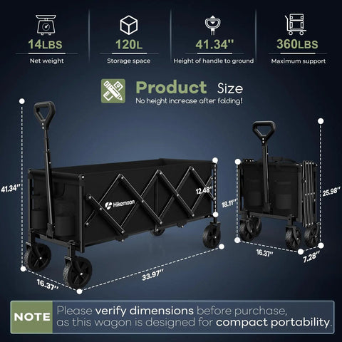34 Inch Extra Long Collapsible Wagon Cart With 360 Lbs Capacity Heavy Duty Folding Beach Wagon On Wheels Portable Utility Outdoor Wagon For Grocery Shopping Garden Sports Camping Black, dimensions and storage shown.