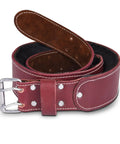 Heavy Duty Leather Work Belt With Padded Mesh Comfort And Adjustable Fit Two Point Five Inch Wide Tool Belt For Carpenters Electricians Framers And Mechanics Suspender Ready With Pouches Maroon showing buckle and stitching details.