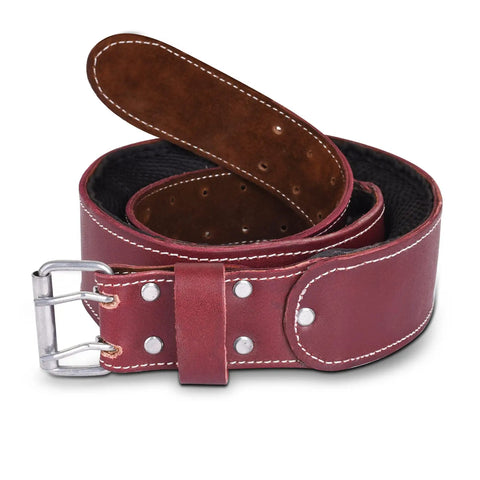 Heavy Duty Leather Work Belt With Padded Mesh Comfort And Adjustable Fit Two Point Five Inch Wide Tool Belt For Carpenters Electricians Framers And Mechanics Suspender Ready With Pouches Maroon showing buckle and stitching details.
