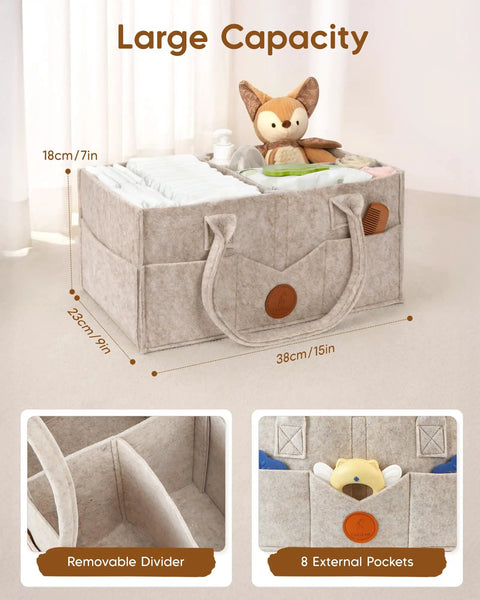 Oversized Khaki Felt Diaper Caddy Organizer For Changing Table Designed To Hold Gotta Have Baby Stash And Keep Nursery Operations Smooth Throughout Playtime