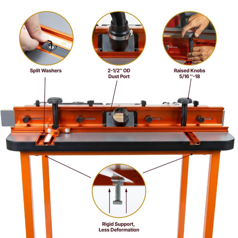 Essential Router Table Upgrade Kit Featuring Micro Adjustable Aluminum Fence With Dual Bearing Guide Rails For Dead Nuts Alignment And Butter Smooth Cutting Action To Level Up Your Woodshop Game, close-up of knobs and dust port.