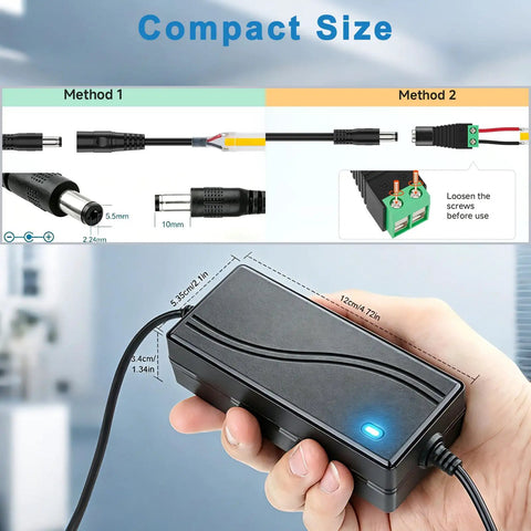 Person holding 12V 5A CCTV Power Supply for Security Cameras, Worldwide 100 to 240V AC Input, DC 12V 5A Output, 60W Max