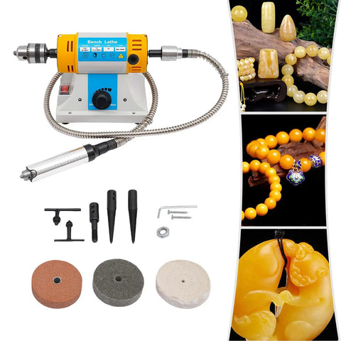 Pro Grade Bench Polisher Lathe Kit 320W With Flexible Shaft And Essential Accessories for jewelry, wood, amber, and metal polishing.