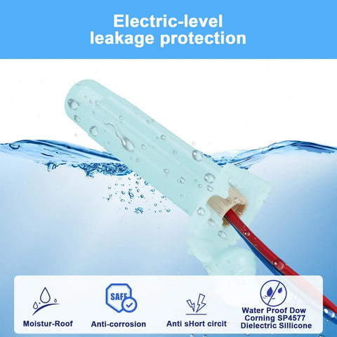 Close-up of waterproof wire nut splice kit demonstrating electric-level leakage protection in a wet environment.
