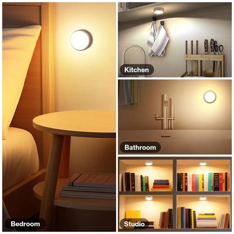 Color Changing LED Puck Lights With Remote Control in bedroom, kitchen, bathroom, and studio for versatile illumination.