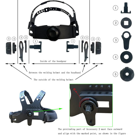 Auto Darkening Welding Helmet With True Color Solar Powered Hood Pro Grade headgear assembly and parts diagram