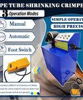 Heavy Duty Electric Hydraulic Hose Crimping Machine Featuring Twelve Crimping And Ten Skiving Dies For High Pressure Tubing One Quarter To Three Inch Sizes 220 Volt Three Phase with manual, auto, and foot switch modes.