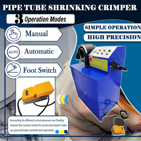 Heavy Duty Electric Hydraulic Hose Crimping Machine Featuring Twelve Crimping And Ten Skiving Dies For High Pressure Tubing One Quarter To Three Inch Sizes 220 Volt Three Phase with manual, auto, and foot switch modes.