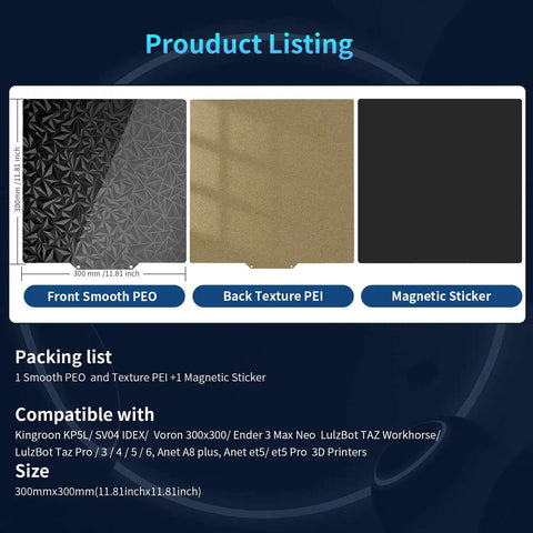 Dual Sided PEI 300x300 Build Plate With Smooth And Textured Surfaces Spring Steel Magnetic Flexible Heated Bed overview