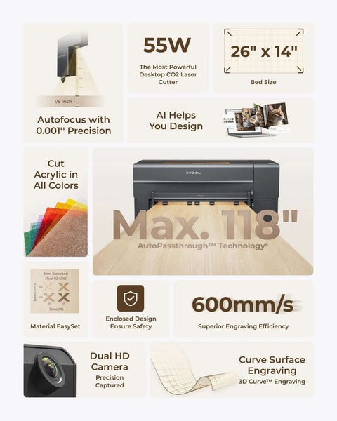 xTool P2S 55W CO2 laser cutter desktop with dual 16MP cameras for wood, metal, acrylic engraving