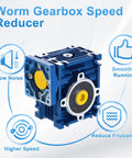 High torque worm gearbox speed reducer with durable blue housing, designed for low noise and smooth operation in CNC robotics and automation.