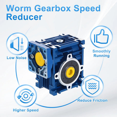 High torque worm gearbox speed reducer with durable blue housing, designed for low noise and smooth operation in CNC robotics and automation.