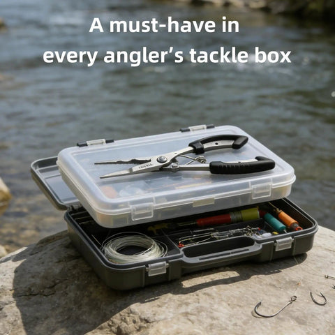 8.4 Inch Fishing Pliers With Safety Lock And Anti Loss Rope For Anglers on tackle box by river