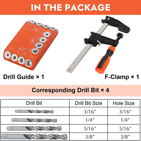 Heavy Duty Aluminum Drill Guide Jig With 30 45 90 Degree Angles Four Size Options Includes 6 Inch F Clamp For Angled And Straight Holes