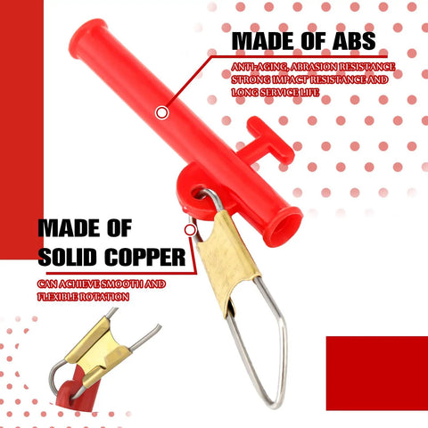 Close-up of 50 Pcs 1-1/2 Inch Sinker Slides With Metal Snaps For Catfishing, showing red ABS material and copper swivel details.
