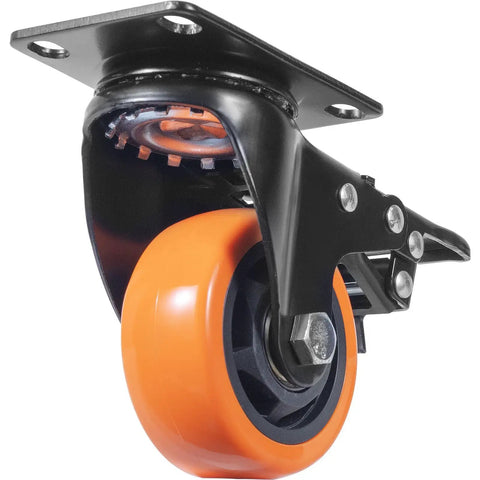 Heavy Duty Three Inch Swivel Caster Set With Slick Rolling Non Marking Pvc Wheels Dual Ball Bearings Built Tough Ab Lock Brakes and Reinforced Carbon Steel Plates close-up of swivel caster with orange wheel and metal plate