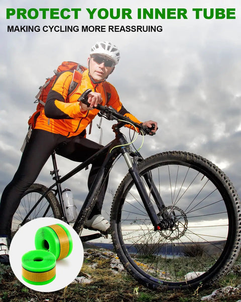 Cyclist on mountain bike with Bike Tire Liners Self Adhesive Inner Tube Protector For Mountain Bikes Puncture Free Shield Image