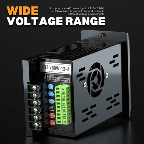 750W VFD Variable Frequency Drive 110-220V Input Converts Single Phase To 3 Phase Output, side view displaying voltage terminals