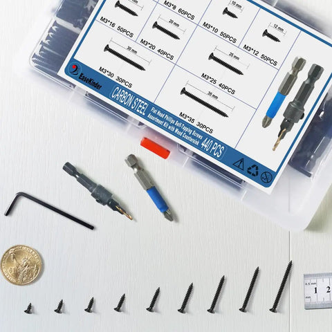 440 Piece Black Carbon Steel Self Tapping Wood Screws Assortment Kit Featuring Flat Head Phillips Drive arranged neatly in a storage box.