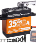 Front view: HobbyPark HD3513MG 35Kg HV digital waterproof servo with aluminum shell and mounting hardware