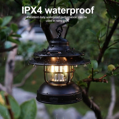 Retro LED Camping Lantern Portable Hanging Light With Dual Power Supply IPX4 Waterproof in rainy environment outdoors
