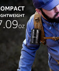 Person hiking with LED Lanterns Battery Powered For Camping And Outdoors, compact and lightweight, hanging from backpack