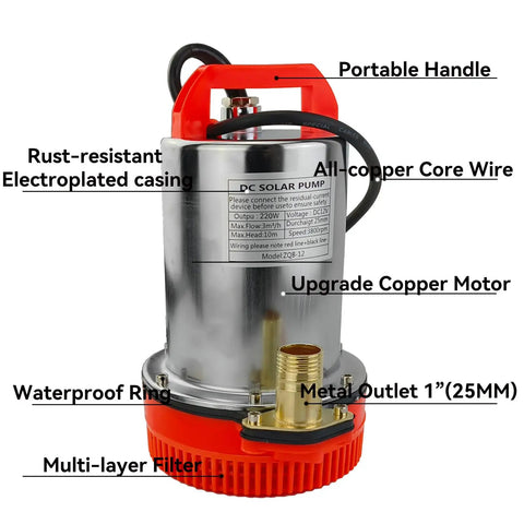 12V Submersible Deep Well Water Pump With 1 Inch Outlet For Irrigation And Home Use Upgraded Copper Motor For High Efficiency And Built To Last Anti Rust Construction And Quiet Operation Ideal For Well Pond Or Garden, showing metal outlet and electroplated casing with multi-layer filter.