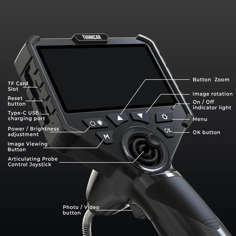 4 Way Articulating Borescope With Light, 5 Inch HD Endoscope Camera With 6 Adjustable LEDs, 5 Foot Flexible Probe For Automotive Engine Inspections And Hard To Reach Areas handheld screen and controls