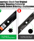 Comparison of two blades; left with 7-star mounting pattern, right with circle mounting pattern for John Deere 48-inch deck mowers.