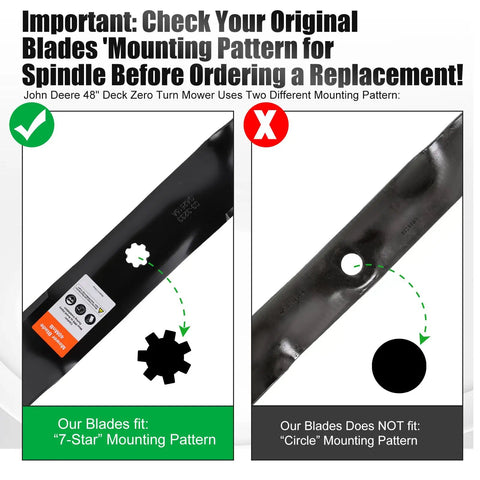 Comparison of two blades; left with 7-star mounting pattern, right with circle mounting pattern for John Deere 48-inch deck mowers.
