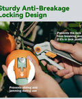 Using All In One Pruning Shears And Garden Scissors Set For Pros And Diyers, cutting orange branch, focusing on anti-breakage design